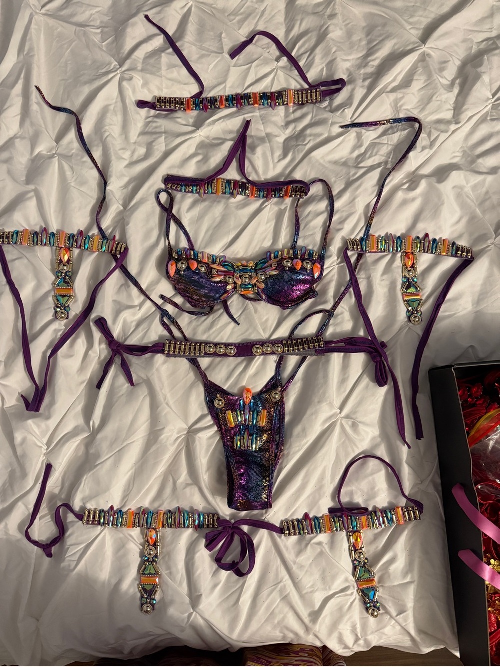 Purple Jeweled Carnival Costume Set Festival Bikini Bra Accessories Rhinestone